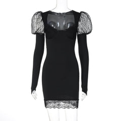 Long sleeve lace hem u neck solid mini dress