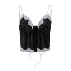 Striped lace hem stitch lace up cami top
