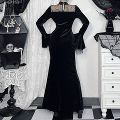 Long flared sleeve velvet patchwork spider web maxi dress