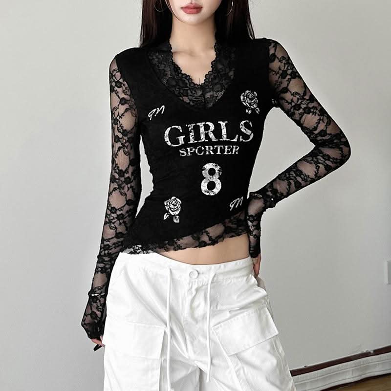 Long sleeve v neck lace print top