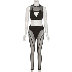 Crewneck hollow out mesh medium rise pant set