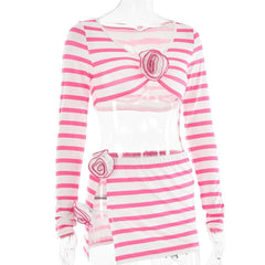 Striped flower applique long sleeve contrast slit mini skirt set-final-sale