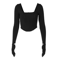 Long sleeve solid u neck gloves crop top-final-sale