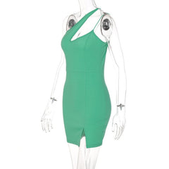 Hollow out slit solid sleeveless one shoulder backless cut out mini dress