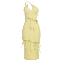 Ribbed one shoulder hollow out self tie irregular solid cut out midi dress-final-sale
