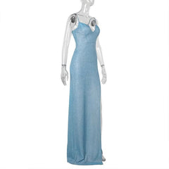 V neck high slit padded backless cami maxi dress