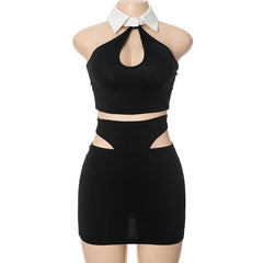 Halter turnover collar hollow out mini skirt set-final-sale