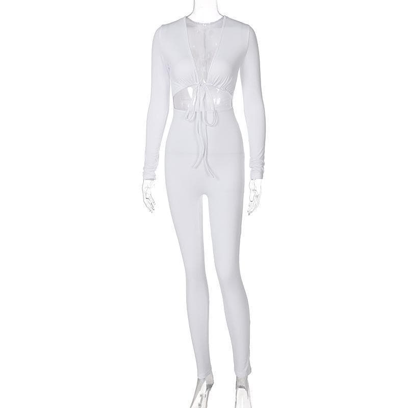 V-neck hollow out tie front jumpsuit - Final Sale