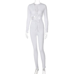 V-neck hollow out tie front jumpsuit - Final Sale