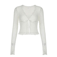 V neck long sleeve lace bowknot top