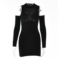 Long sleeve solid off shoulder crochet hollow out cut out mini dress - Final Sale