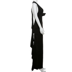 Halter v neck flower applique backless ruched maxi dress