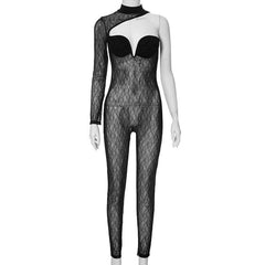 Long sleeve one shoulder lace see through solid high neck zip-up jumpsuit-final-sale