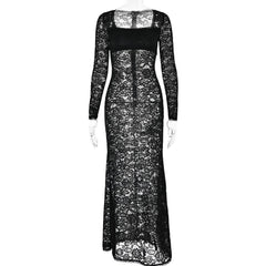 Lace see through square neck long sleeve zip-up solid maxi dress-final-sale