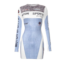 Contrast print long sleeve crewneck mini dress-final-sale