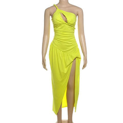 One shoulder slit ruched hollow out cut out midi dress-final-sale