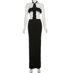 Self tie halter hollow out backless solid cut out maxi dress