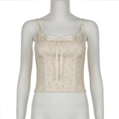 Lace hem bowknot ribbon print stitch cami top
