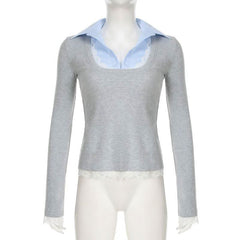 Turnover collar patchwork long sleeve lace hem knitted top