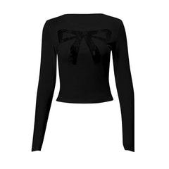 Long sleeve bowknot pattern lace mesh patchwork crewneck top-final-sale