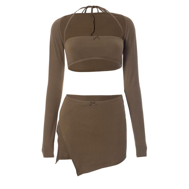 Long sleeve slit bowknot halter shrug mini skirt set