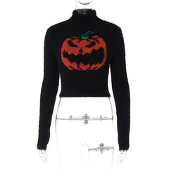 Long sleeve high neck fluffy pumpkin pattern contrast top