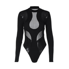 Long sleeve crewneck mesh patchwork bodysuit