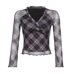 Plaid ruffle v neck mesh contrast top-final-sale