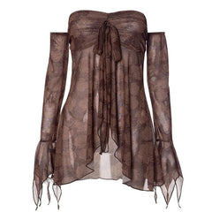 Long flared sleeve sheer mesh print off shoulder top