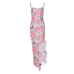 Cowl neck ruffle slit butterfly print cami maxi dress-final-sale