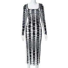 Long sleeve polka dot u neck contrast midi dress-final-sale
