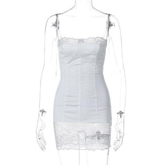 Lace patchwork stitch zip-up backless cami mini dress