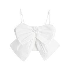 Rose applique ruched smocked solid bowknot cami top