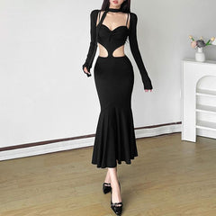 Long sleeve sweetheart neck shrug 2 piece hollow out cut out maxi dress