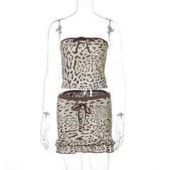 Leopard print bowknot ruffle tube mini skirt set