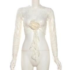 Long sleeve lace flower applique crop top