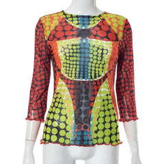 Sheer mesh long sleeve polka dot thermal contrast ruffle 2-way top-final-sale