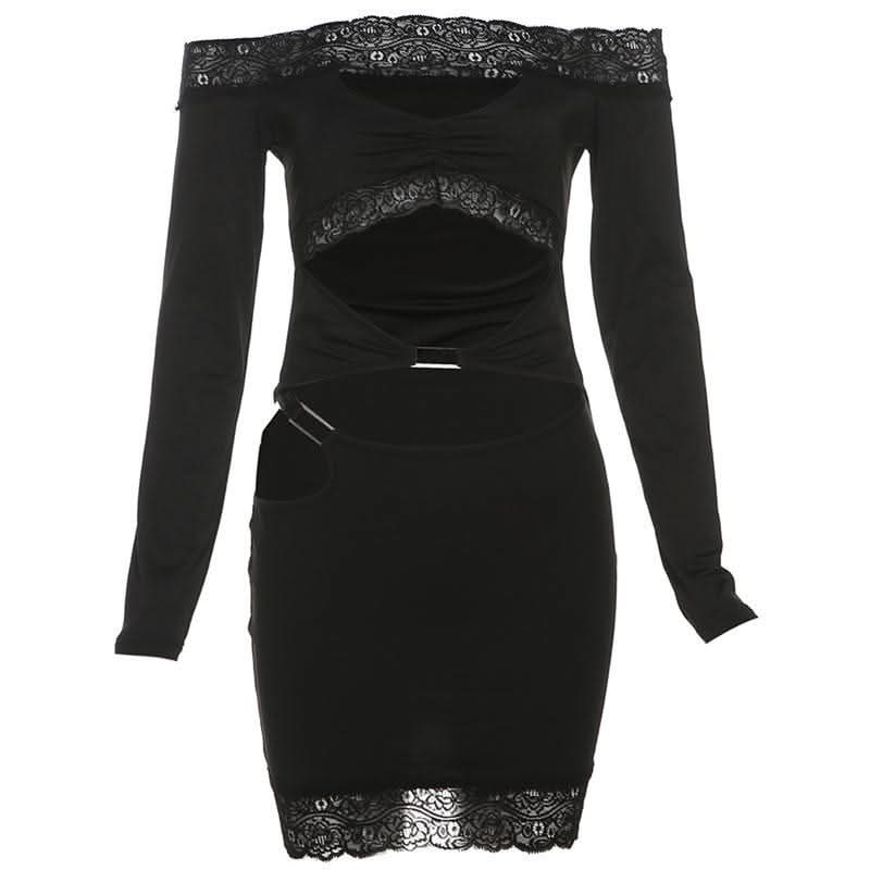 Long sleeve off shoulder lace hem hollow out cut out mini dress-final-sale