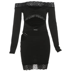Long sleeve off shoulder lace hem hollow out cut out mini dress-final-sale