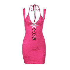 Halter o ring lace up lace backless hollow out solid cut out mini dress-final-sale