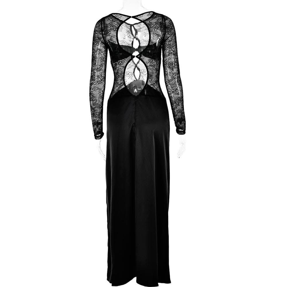 Long sleeve crewneck lace hollow out high slit cut out maxi dress-final-sale