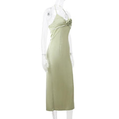 Flower applique zip-up halter ruched slit solid midi dress-final-sale