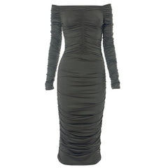 Off shoulder long sleeve ruched solid midi dress-final-sale