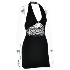 Halter lace patchwork v neck backless mini dress