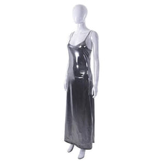 Metallic v neck backless solid low cut cami maxi dress-final-sale