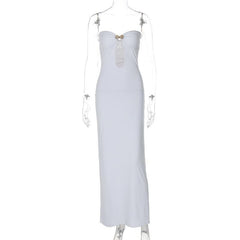 Sweetheart neck shell metal tag button hollow out tube cut out maxi dress