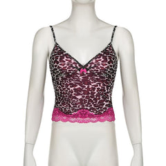 Leopard print mesh bowknot lace hem cami top