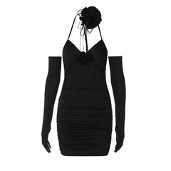Gloves v neck halter backless flower applique mini dress-final-sale