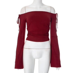 Off shoulder long sleeve ruched self tie top