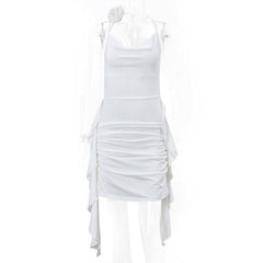 Cowl neck flower applique ruched backless solid mini dress-final-sale
